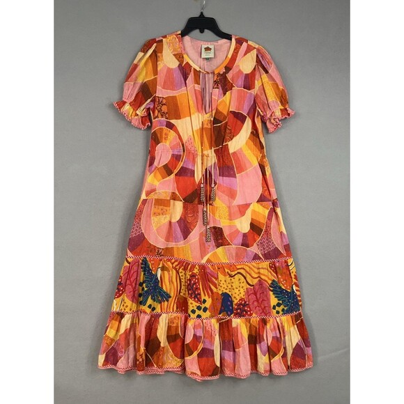 Farm Rio Dresses & Skirts - Farm Rio Dress Womens Large Red Orange Patchwork Twirl Boho Ruffle Peasant Loud